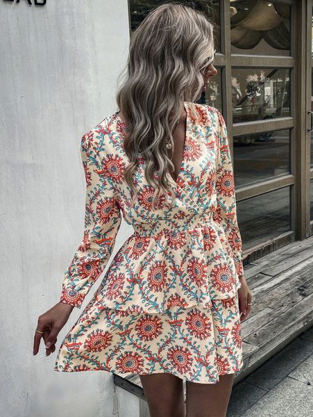 

allover print shirred waist layer ruffle hem dress d2rj#, Black;gray