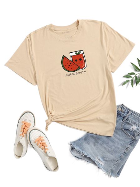 

letter & watermelon print tee 792a#, White