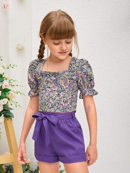 

girls square neck ditsy floral & self belted shorts set she, White
