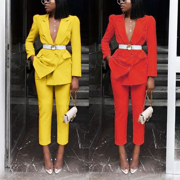 Mulheres Ternos Blazers Outono Do Vintage Inverno Engrossar Mulheres Pant Suit Vermelho Vermelho Amarelo Blazer Jaqueta Jaqueta 2022 Escritório Desgaste Feminino Conjuntos