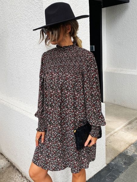 

ditsy floral print shirred dress m1fu#, Black;gray