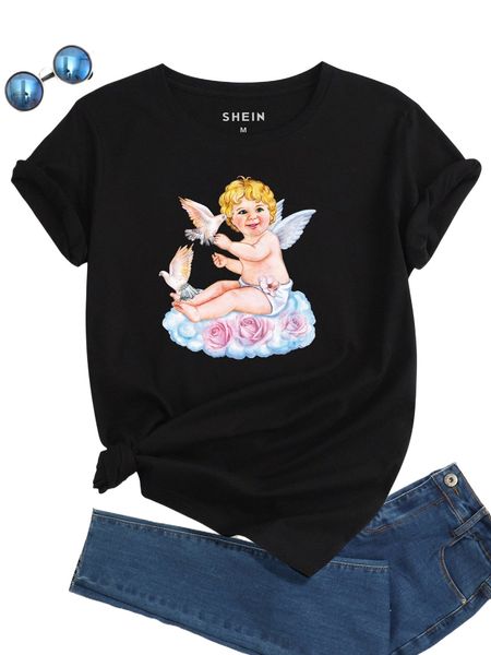 

bird & angel print tee 53wx#, White