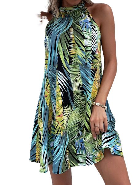 

tropical print tie back halter neck tunic dress t7sf#, Black;gray