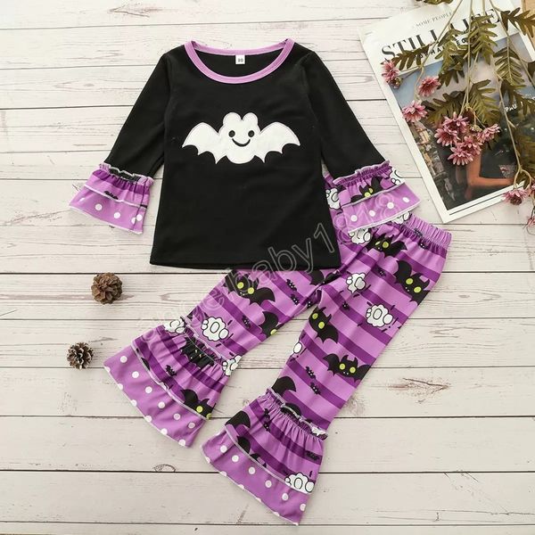 Set di abbigliamento per bambini ragazze abiti di Halloween bambini volant Top pantaloni con stampa a righe pipistrello 2 pezzi / set Primavera Autunno Moda vestiti per bambini