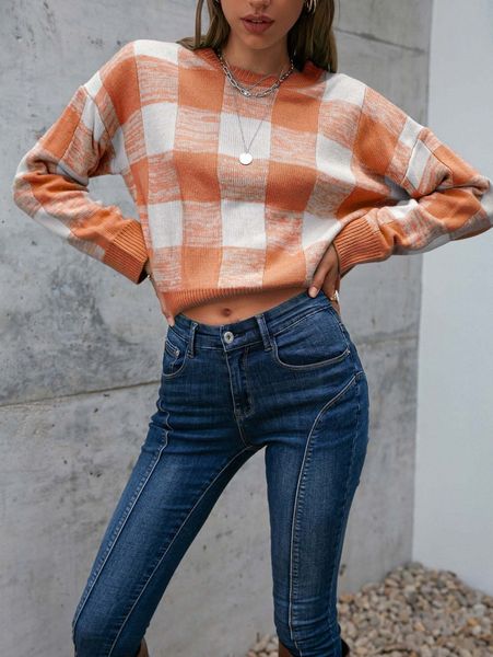 

simplee buffalo plaid pattern drop shoulder sweater y6yg#, White;black