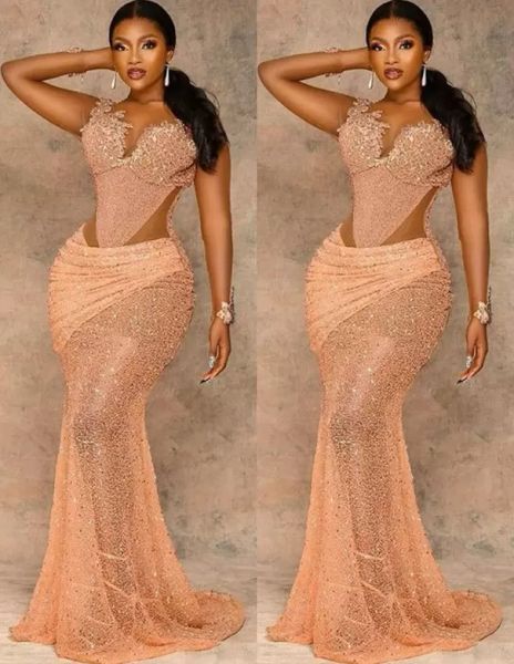 2022 Plus Size Arabo Aso Ebi Mermaid Gold Lace Prom Dresses Sheer Neck Beaded Evening Party Formale Second Reception Gowns Dress