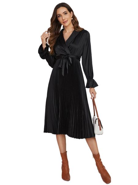 

1pc shawl collar pleated hem flounce sleeve belted satin dress h4py#, Black;gray
