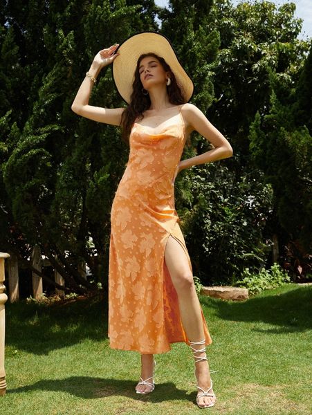 

jacquard flower applique split thigh slip dress b5jx#, Black;gray