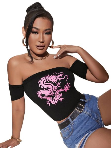 

sxy chinese dragon graphic off shoulder e4p6#, White