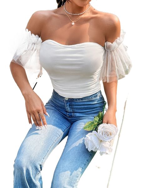 

contrast mesh flounce sleeve crop tube w0vn#, White