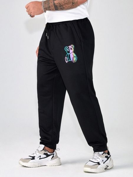 

extended sizes men reflective bear print drawstring waist sweatpants c6u8#, Black