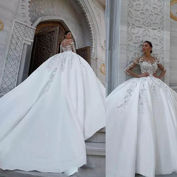

vintage sheer v neck straps applique beads boutique wedding dresses illusion bodice see through poet long sleeve ball gowns chapel bridal dr, White