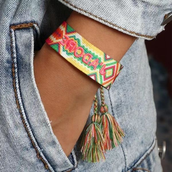 

popular embroidery webbing woven bracelet tassel letter, Golden;silver