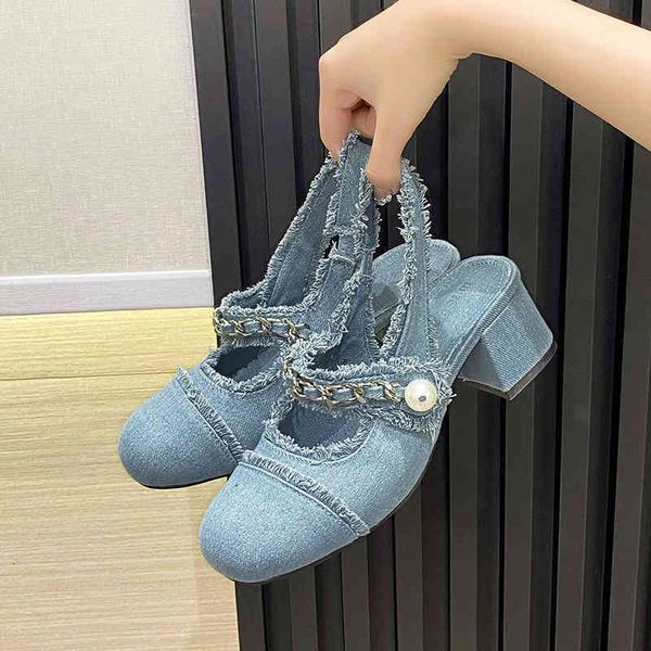 

designer sandals luxury miu mary jane shoes net red same denim pearl square head high heels women's middle thick baotou sandals yv1z, Black