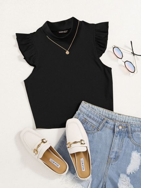 

solid rib knit ruffle trimed 692e#, White