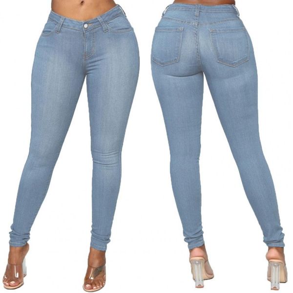 

autumn high elastic women skinny jeans button zipper fly butt-lifting mid waist thin denim pencil pants slim stretch trousers, Blue