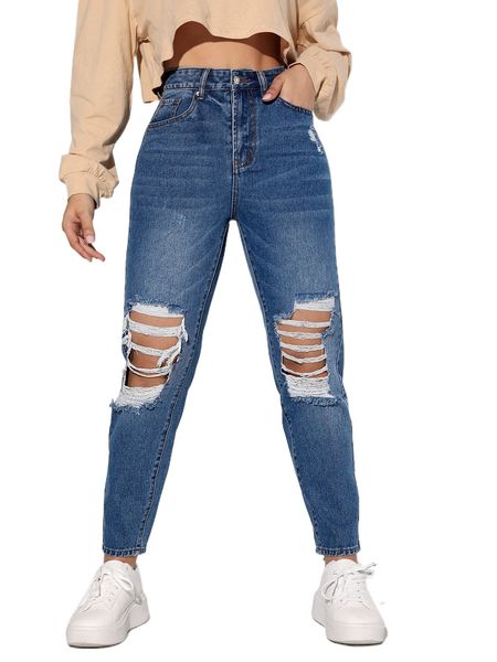 

zipper fly ripped tapered jeans a7jo#, Blue