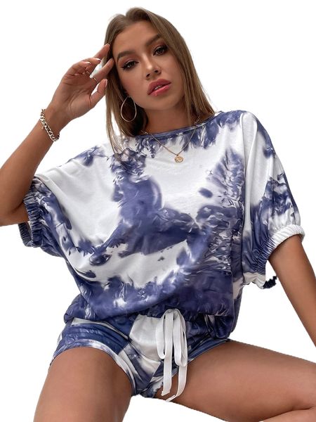 

sxy tie dye batwing sleeve & knot front shorts c3ni#, White