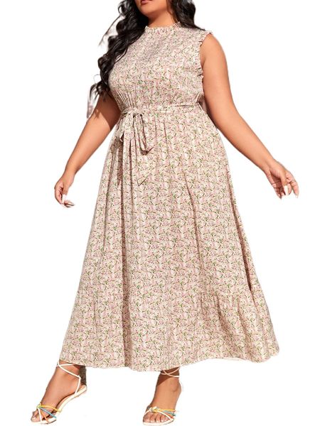 

plus ditsy floral frill ruffle hem belted dress u8fl#, Black