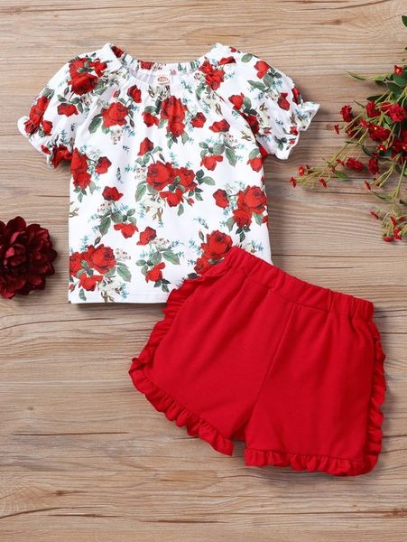

toddler girls floral print frilled puff sleeve tee & shorts she, White