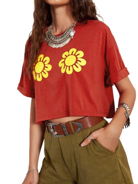 

floral print drop shoulder tee q8lz#, White