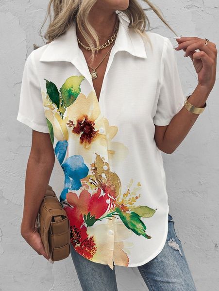 

floral print curved hem blouse 39mv#, White
