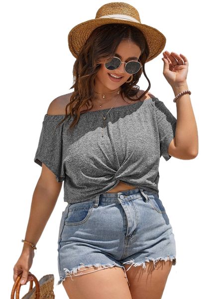 

plus twist off shoulder crop tee e0su#, Black