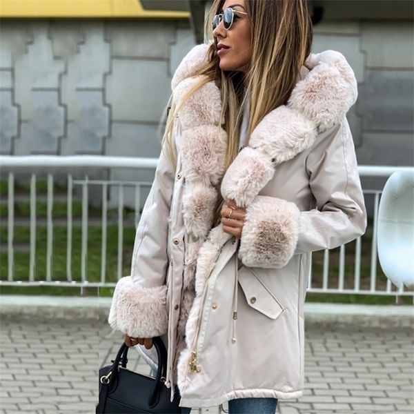 

umeko warm women's winter parka coats long cotton casual fur hooded jackets women thick warm winter parkas female overcoat coat 201127, Black