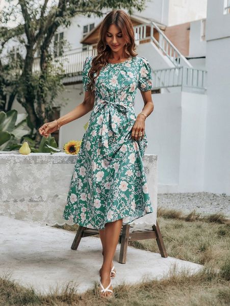 

floral print puff sleeve belted dress e0v3#, Black;gray