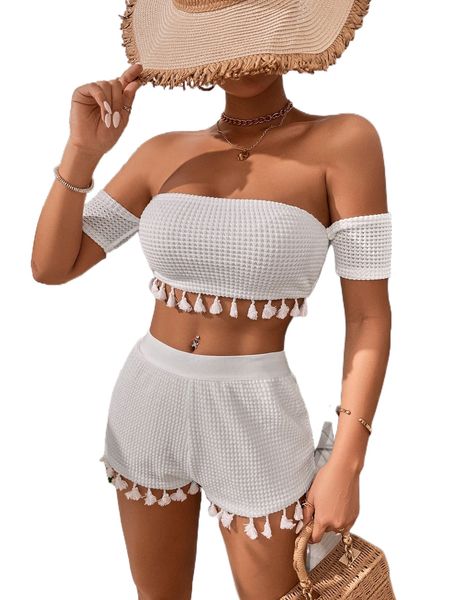 

off shoulder tassel trim crop & shorts t4xc#, White