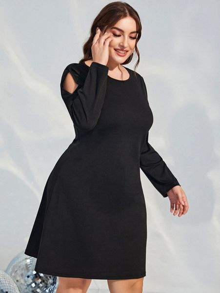 

plus solid cold shoulder dress z4mg#, Black