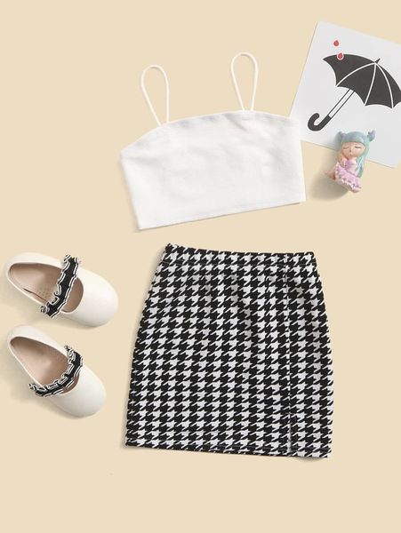 

toddler girls cami & houndstooth print split hem skirt she, White