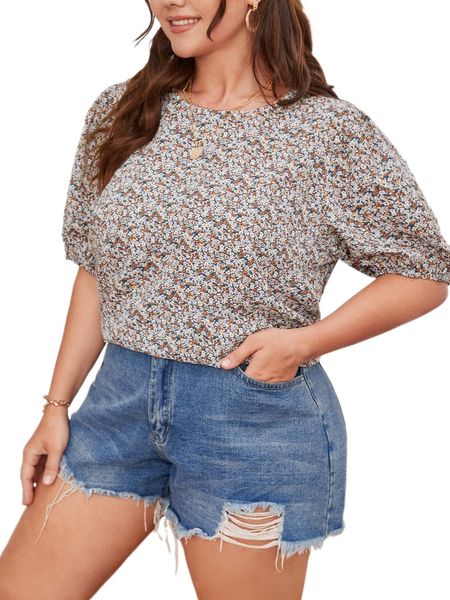 

plus ditsy floral puff sleeve blouse j0wo#, Black