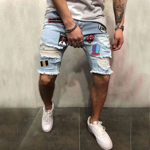 

men's jeans fashion personality men's high street hole patch beggar pants elastic denim shorts e3hv, Blue