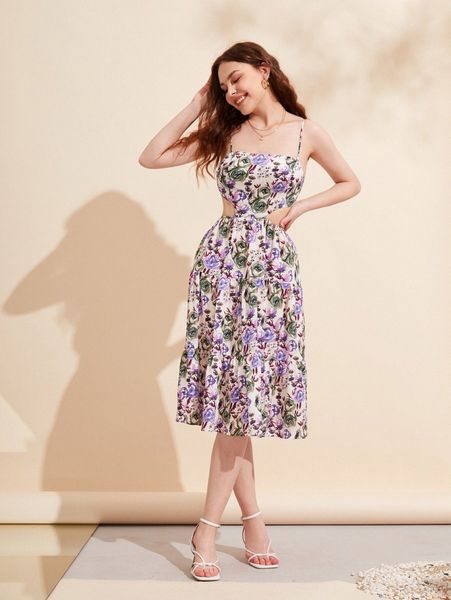 

x anis illustration allover floral print cut out lace up backless cami dress h0q6#, Black;gray