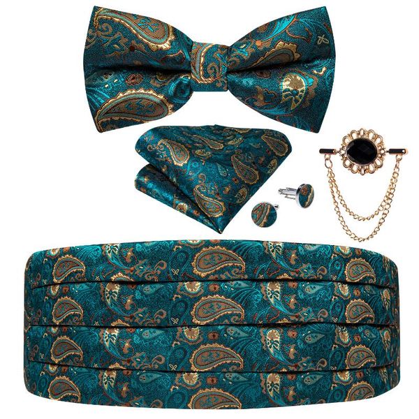 Cinture Teal Paisley Smoking da uomo Fascia da smoking Fascia da smoking in seta Set di papillon Uomo Abito da sposa Vita Cintura elastica per uomo Cintura larga DiBanGuBelts