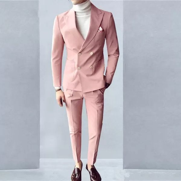 

pink men suits tuxedos double breasted 2 pieces (jacket+pants) peaked collar slim fit suits for wedding dinner party suit, Black;gray