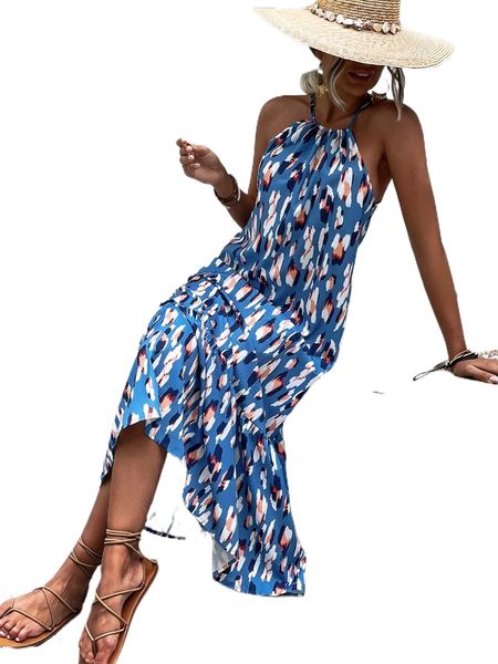 

allover print ruffle hem tie back halter dress m6yp#, Black;gray