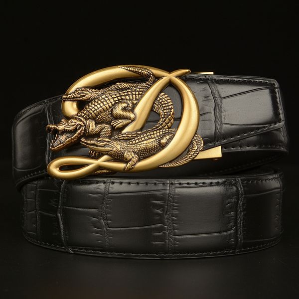

crocodile pattern men's belts automatic buckle two layer cowhide vintage casual belts personality men designers classic fashion luxury, Black;brown