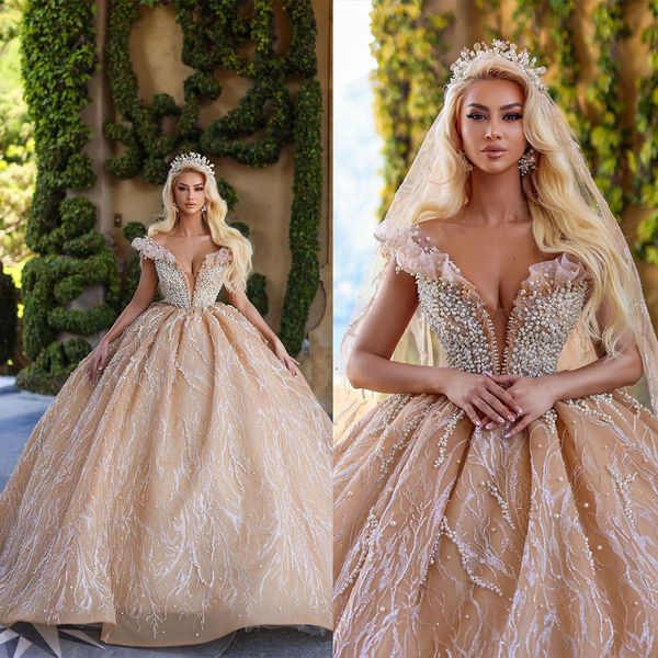 

champagne ball gown wedding dresses off shoulder v neck strapless pearls beads sequins appliques lace ruffles floor length bridal gowns plus, White