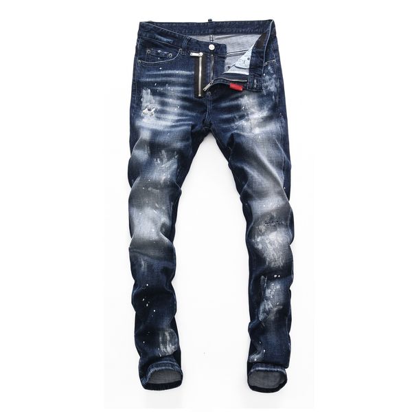 Tasarımcı DSQ Skinny Feet Pants Erkek Kot Pantolon Yırtık D2 Boya sıçraması Retro Mavi Düz Jean Street Giyim Dilenci Yüksek Kalite Streepants Fermu