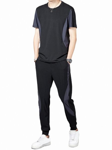 

men contrast side seam tee & pants m5u7#, Gray