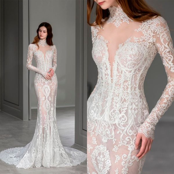 

simple ball gown wedding dresses with mermaid high neck long sleeve appliques lace slim- line chic bridal gowns custom made vestidos de novi, White