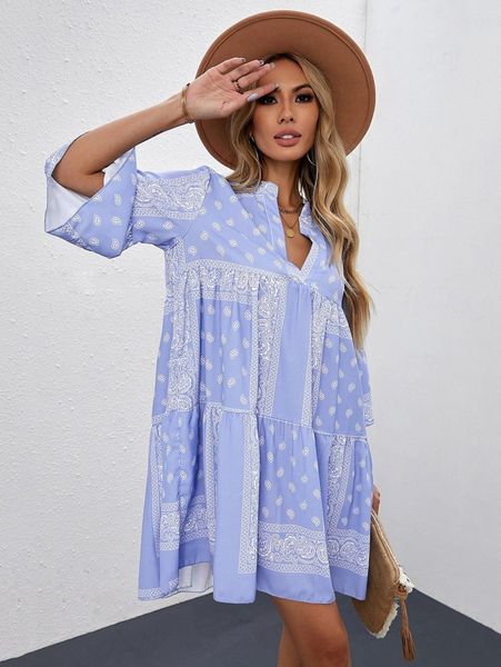 

paisley print flounce sleeve ruffle hem smock dress e3sx#, Black;gray