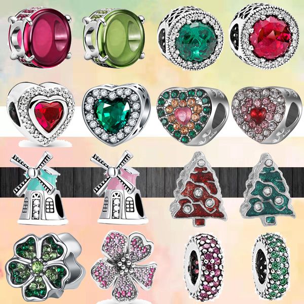 925 Charms de pulseira para Pandora Charm Set Caixa original New Moda Green Vermelho Red Flower Flor Pinwheel Heart Shiny Round Round European Bad Charmms Jewelry