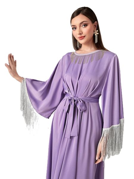 

fringe detail belted satin dress u1ja#, Black;gray