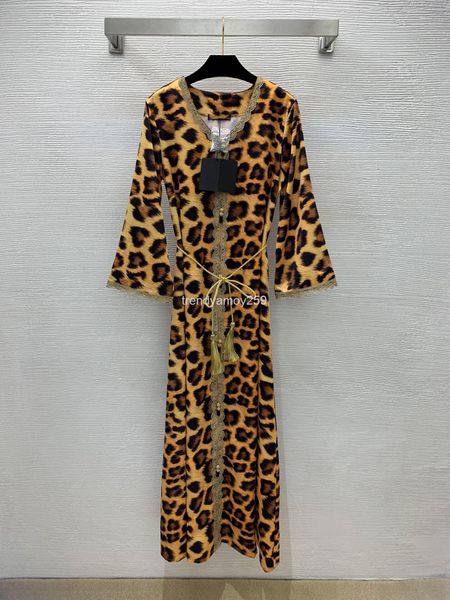 

casual dresses fashion embroidery lace stitching leopard print v-neck wide sleeve large swing dress with tassel belt, Black;gray
