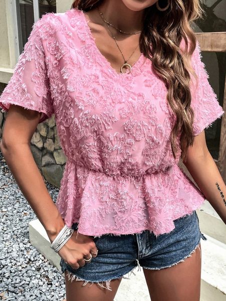 

solid v neck peplum fuzzy blouse q8rl#, White