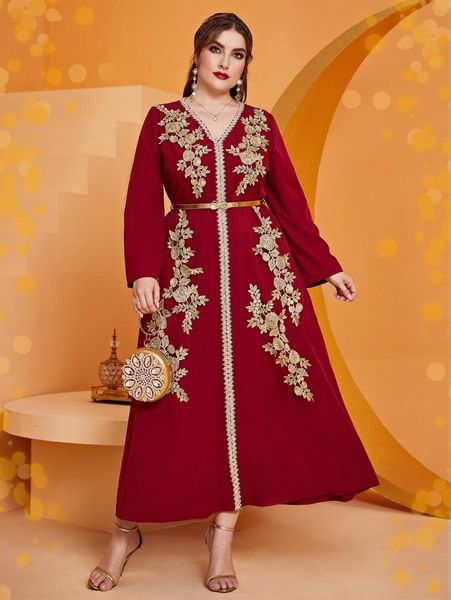 

plus floral embroidery belted dress a8ix#, Black