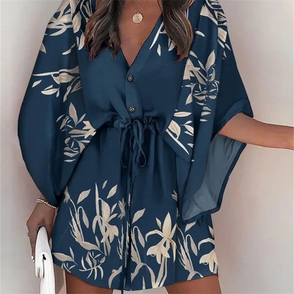 

casual boho beach vacation mini dress women summer print lace up button batwing sleeve dresses for women's loose female robe 220711, Black;gray